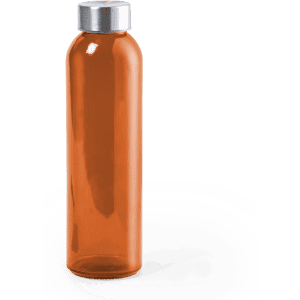 A drink bottle with a sleek design, featuring an orange body and a silver cap. It has a logo on the side.