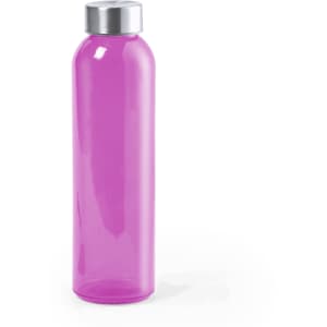 A drink bottle in vibrant pink with a silver lid and a sleek, clear design. It features a logo on the surface.