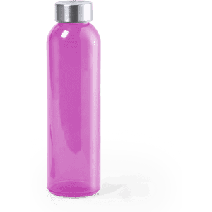 A drink bottle in clear pink with a silver lid; features a simple cylindrical design and includes a logo.