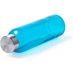 A drink bottle in vibrant blue with a stainless steel cap, featuring a branding logo.