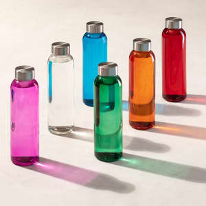 A drink bottle collection featuring vibrant pink, clear, blue, orange, green, and red colours, each with a metallic lid.