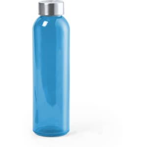 A drink bottle in transparent blue with a silver lid, featuring a simple and sleek design.
