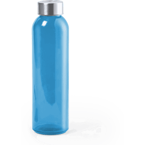 A drink bottle in bright blue, featuring a sleek design and a silver lid, with a logo on the surface.