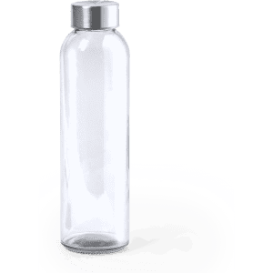A drink bottle with a clear glass body and a silver cap. It features a minimalist design and has a logo.