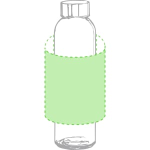 A drink bottle with a clear design and a removable green sleeve. It features a cap and a branding logo.
