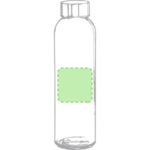 A drink bottle with a transparent design and a green label area for customisation.
