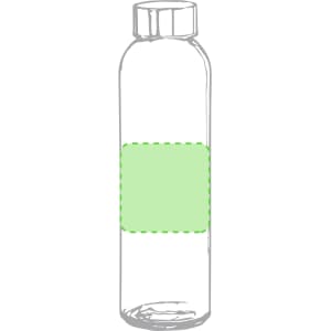 A drink bottle with a transparent design and green label area, featuring a screw-on lid.