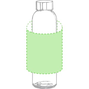 A drink bottle with a clear body and a green sleeve, featuring a logo on the surface.
