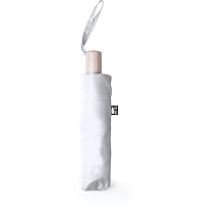 A white umbrella with a wooden handle, featuring a carrying strap and a logo tag.