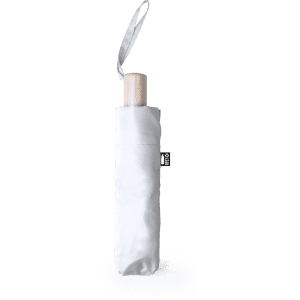A light grey umbrella with a wooden handle, featuring a small logo on the fabric.