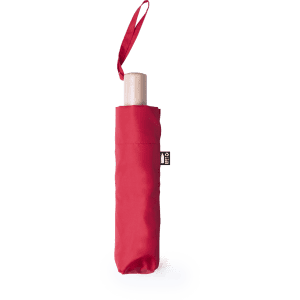 A red umbrella with a sleek handle and a matching protective sleeve, featuring a logo.