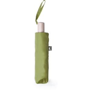 A green compact umbrella with a fabric cover and a handle, featuring a logo.