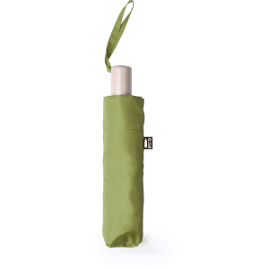 A green umbrella with a carrying strap, featuring a sleek design and a logo.