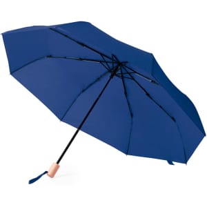 A blue umbrella with a black handle and a logo, designed for leisure and outdoor use.