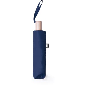 A navy umbrella with a wooden handle, stored in a matching protective sleeve, featuring a small logo.