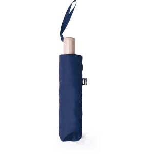 A navy umbrella with a gold handle, featuring a matching sleeve and a logo. Ideal for outdoor leisure activities.