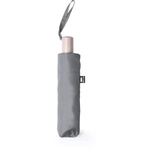 A grey umbrella stored in a matching fabric sleeve, featuring a wooden handle and a branding label.