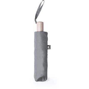 A grey compact umbrella with a matching sleeve and a small loop for carrying. It features a logo on the sleeve.