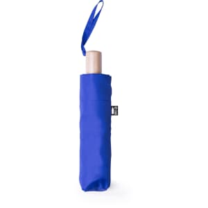 A blue umbrella in a matching fabric cover, featuring a wooden handle and a branding label.
