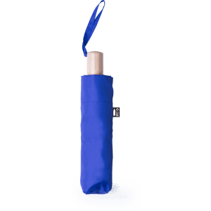 A blue umbrella stored in a matching sleeve, with a handle and a strap for easy carrying.