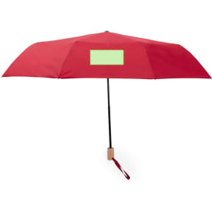 A red umbrella with a black handle and a decorative logo area. Ideal for leisure and outdoor activities.