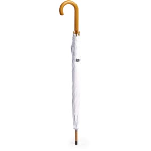 A white umbrella with a wooden handle, featuring a logo on the fabric.