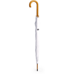 A white umbrella with a curved wooden handle and a branded tag at the base.