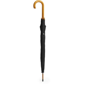 A black umbrella with a wooden handle and a logo on the fabric.