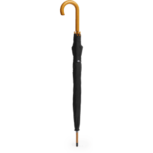 A black umbrella with a wooden handle and a curved top, featuring a logo on the canopy.