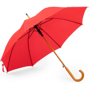 A red umbrella with a curved wooden handle and a black interior, featuring a logo on the canopy.