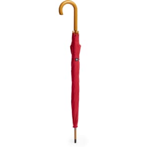 A red umbrella with a wooden handle, featuring a logo on the fabric. It is closed and upright.