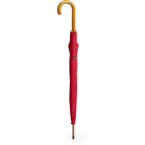A red umbrella with a curved handle and a branded tag.