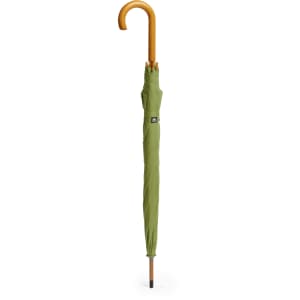 A green umbrella with a wooden handle, featuring a logo, suitable for leisure and outdoor activities.