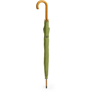 A green umbrella with a curved wooden handle and a compact design, featuring a logo on the fabric.
