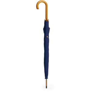 A navy blue umbrella with a wooden handle and a logo, displayed in an upright position.