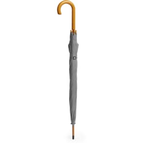 A grey umbrella with a wooden handle and a logo on the canopy.
