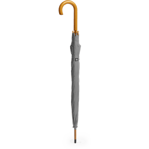 A grey umbrella with a wooden handle and a logo on the sleeve, designed for leisure and outdoor use.