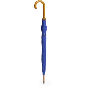 A blue umbrella with a curved wooden handle and a logo.