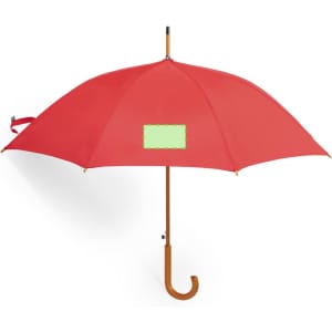A red umbrella with a curved wooden handle and a blank area for branding or personalisation.