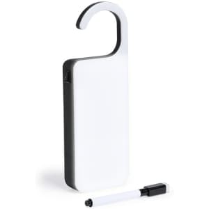 A white and black message hanger with a hook design, accompanied by a white marker.