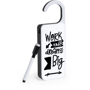 A white and black message hanger with a hook and a pen, featuring motivational phrases in a graphic design.