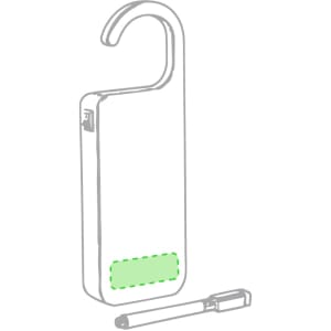 A green message hanger with a hook and a small pen beside it, designed for home use.