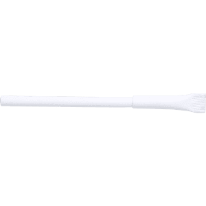A white pen with a unique brush tip, featuring a simple design and a smooth handle. It has a branding logo.