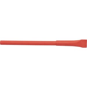 A red pen with a flat tip, featuring a simple design and a small branding logo.