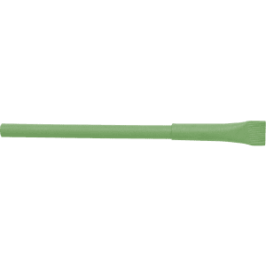 A green pen with a unique design, featuring a textured nib and a smooth barrel. It also has a logo on it.