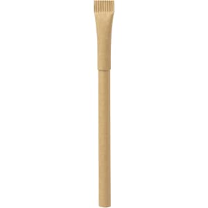 A pen with a brown, textured barrel and a unique tip design, featuring a logo on its surface.