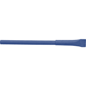A blue pen with a flat tip, featuring a simple design and a branding logo.