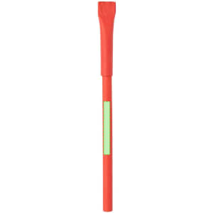 A red pen with a unique brush tip and a small green section. The pen features a logo on its body.