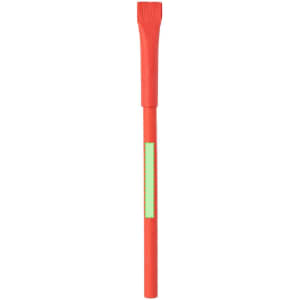 A red pen with a unique flattened tip and a branding logo on the side.