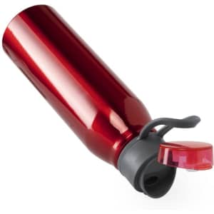 A drink bottle in shiny red with a black cap and a flip-top spout. It features a logo on the body.